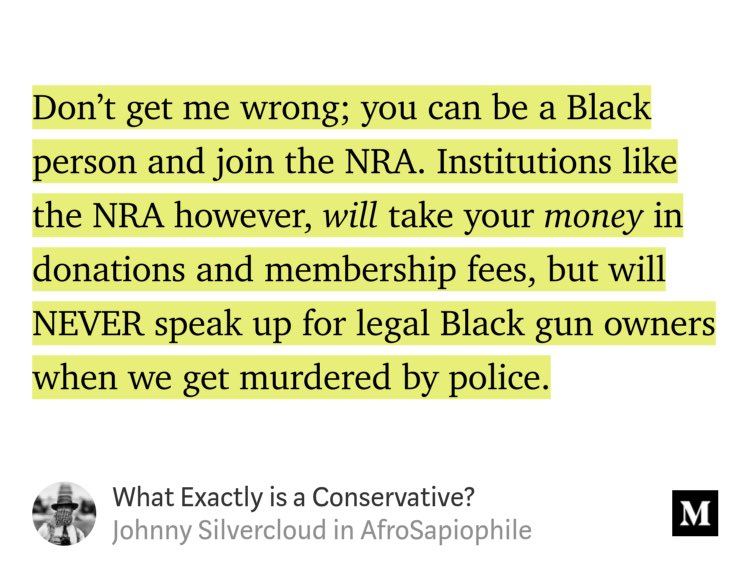 “What Exactly is a Conservative?” by Johnny Silvercloud
link.medium.com/jC6txXC4Lnb #amirlocke #philandocastille #nra #2ndAmendment #gunrights