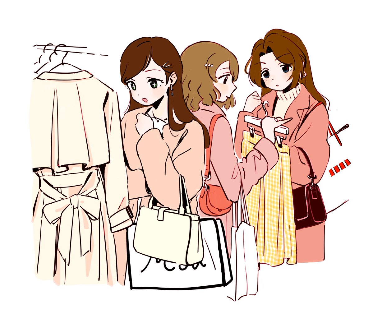 multiple girls 3girls brown hair bag long hair earrings jewelry  illustration images