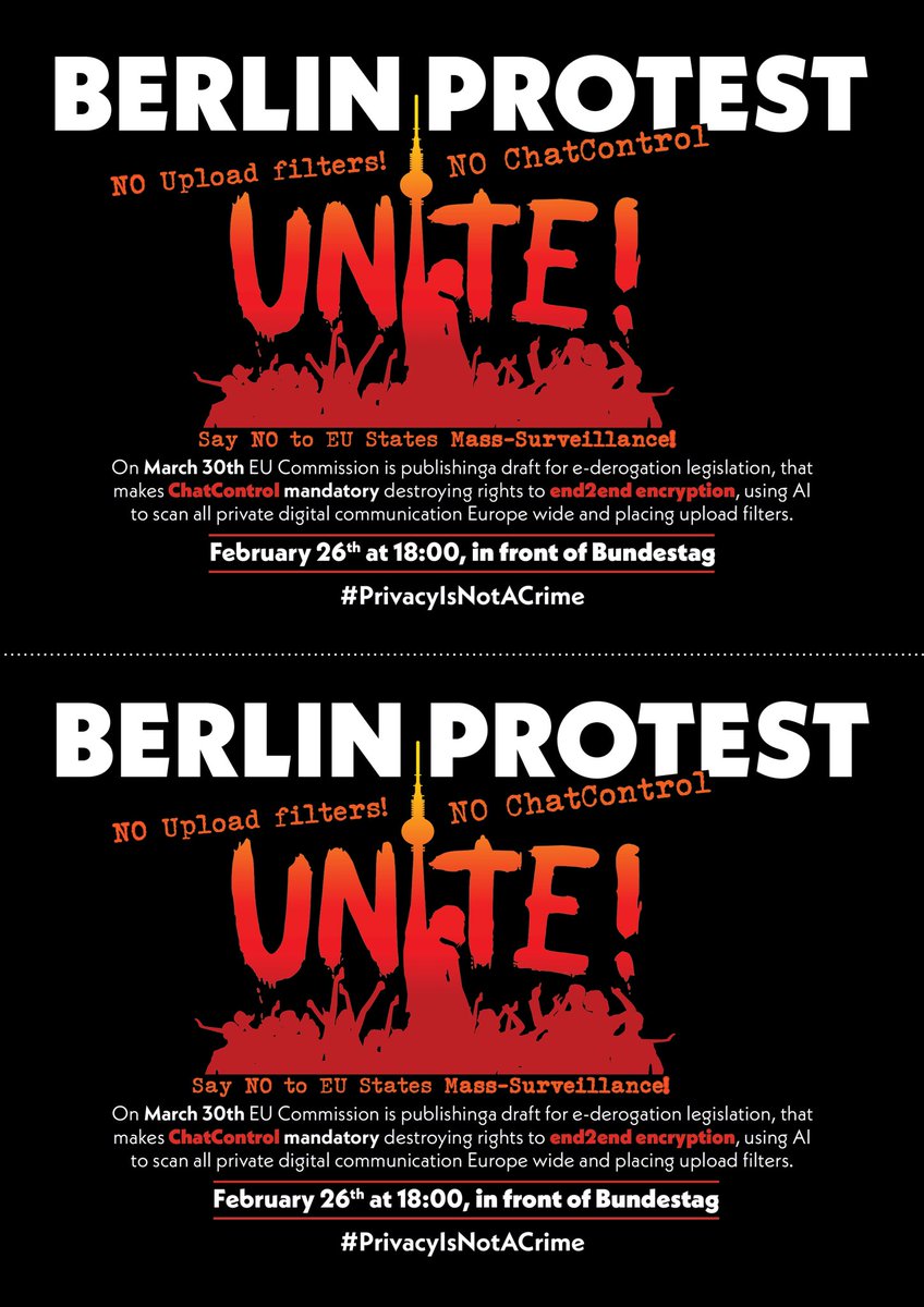 AA4325905766's tweet photo. Have a reminder of the chat control portests in Berlin, Amsterdam and Warsaw against this horrible law that will ban end-to-end encryption #stopchatcontrol #chatcontrol #EarnItAct #StopTheEARNITAct2022 https://t.co/xugJldgbXv