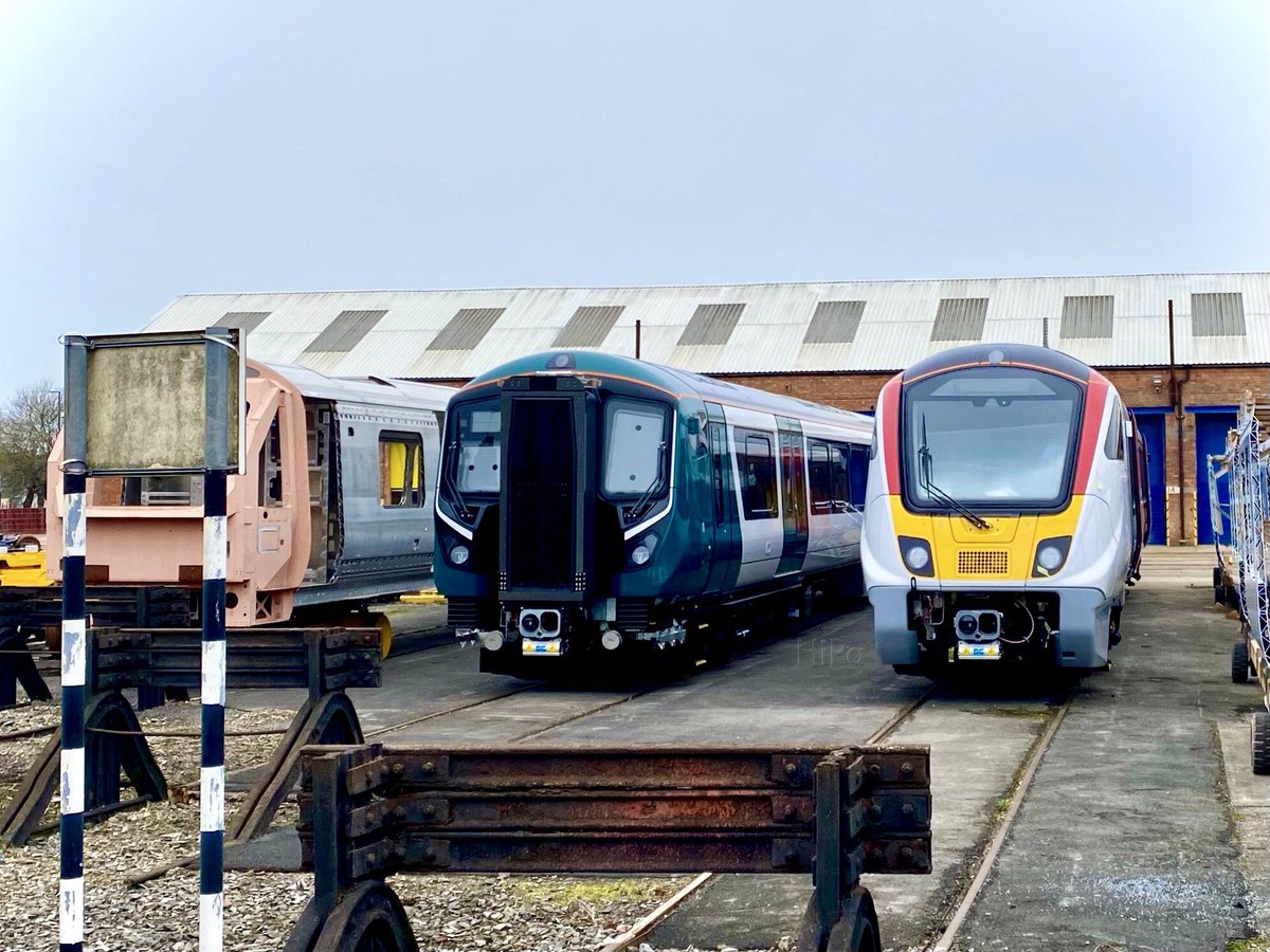 HiPa125's tweet image. Two, partially-built, variants of Alstom #Aventra EMUs⚡️at Litchurch Lane Works… 

London Northwestern Railway 110mph #Class730 &amp;amp; Greater Anglia 100mph #Class720 

Derby 🐏
19/02/22