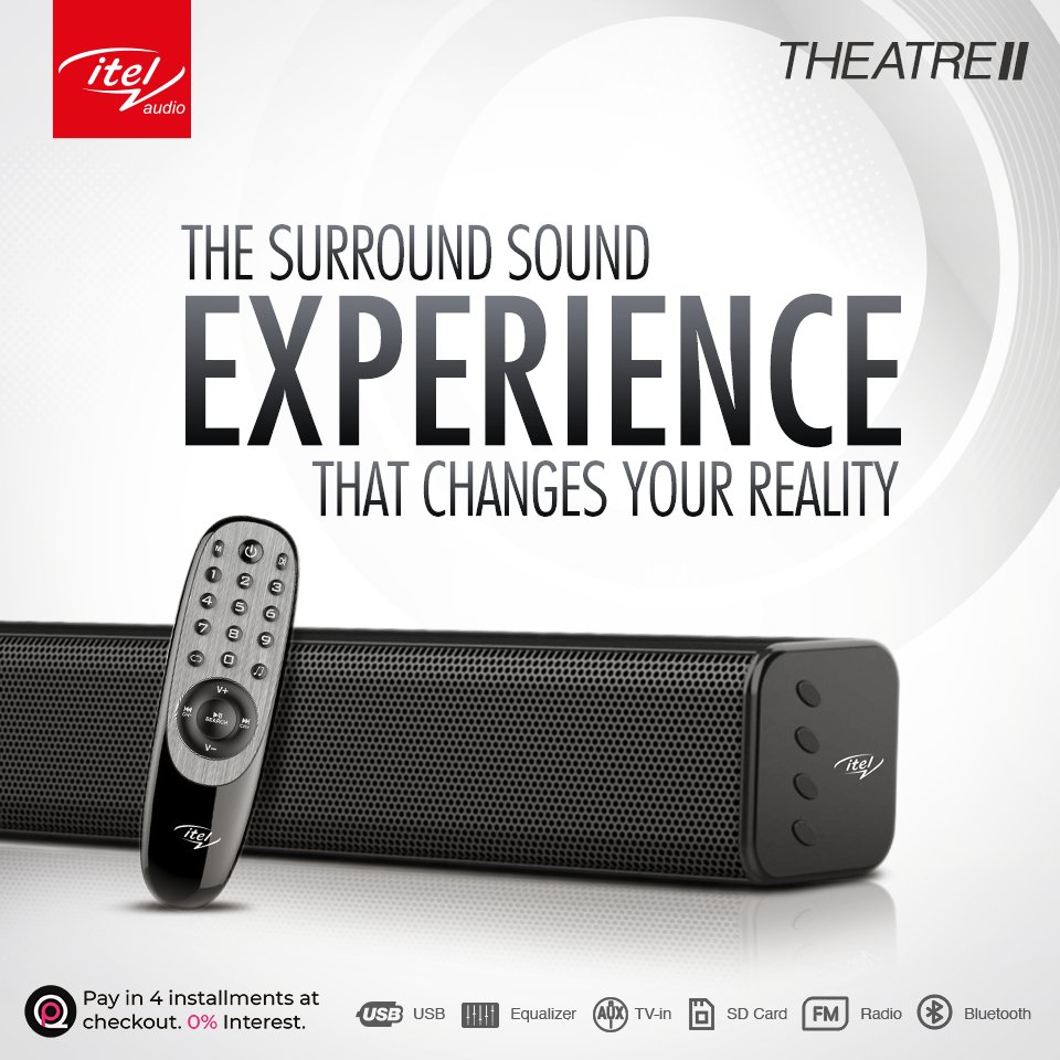 ItelPakistan's tweet photo. Enjoy an amazing acoustic sound experience with itel Theater II.
Theater II has convenient USB, Bluetooth & Aux connectivity, remote control with uninterrupted audio flow that gives your ears immersive experience.
Shop now: https://t.co/tlXIMuYG3n
#itelhome #itelaudio https://t.co/t0FBqAhllS