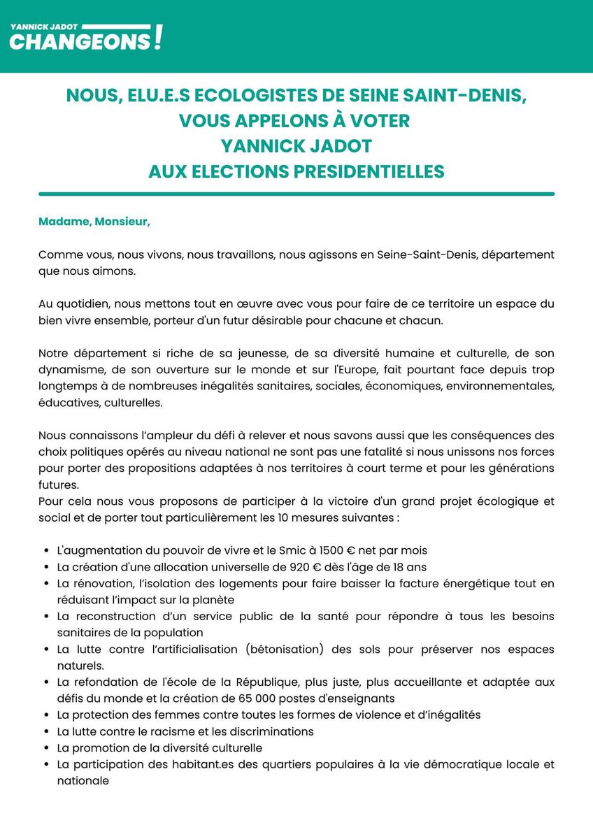 HalimaMenhoudj's tweet photo. Vos https://t.co/OGJCELJAMT écologistes de la Seine-Saint-Denis vous appellent à voter @yjadot les 10 &amp; 24 avril #Presidentielle2022 #AvecJadot 
Pourquoi ? 
⬇️ https://t.co/NLh0rreETX