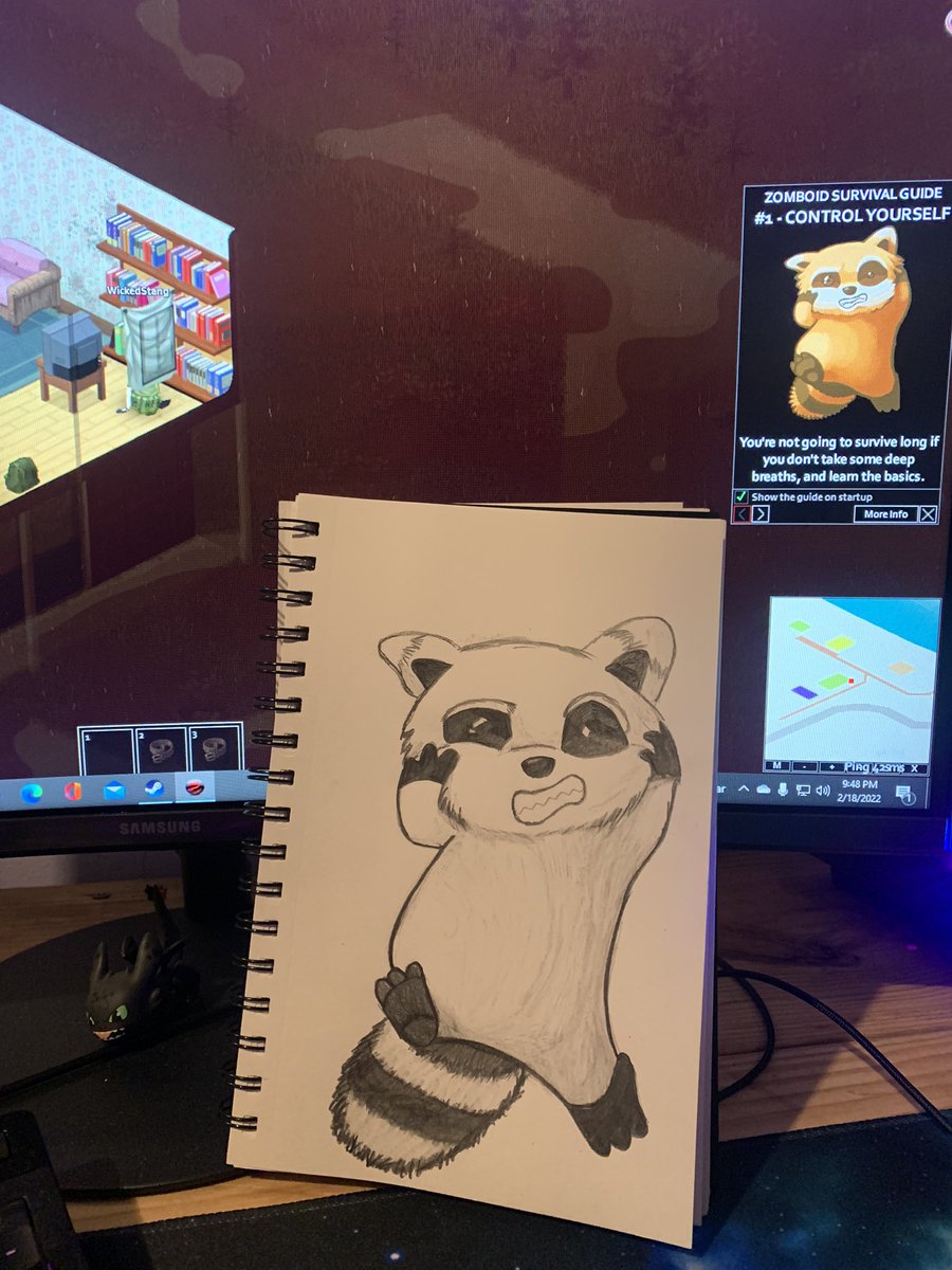 Wckd_Stang's tweet photo. When you have a fractured leg in game and are stuck inside the house, you draw Spiffo 🥰. https://t.co/YywnGL5aab
