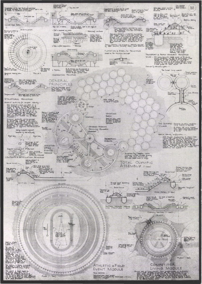 mrwellesley's tweet photo. 2nd prize in Arup’s 1985 Ideas Competition for a floating Olympic park to depoliticise the games. Hats off to John Harvey of the Birmingham Office ; cheered me up while searching for lambda values for Edwardian filler joist concrete https://t.co/Rbs3x8D7rD
