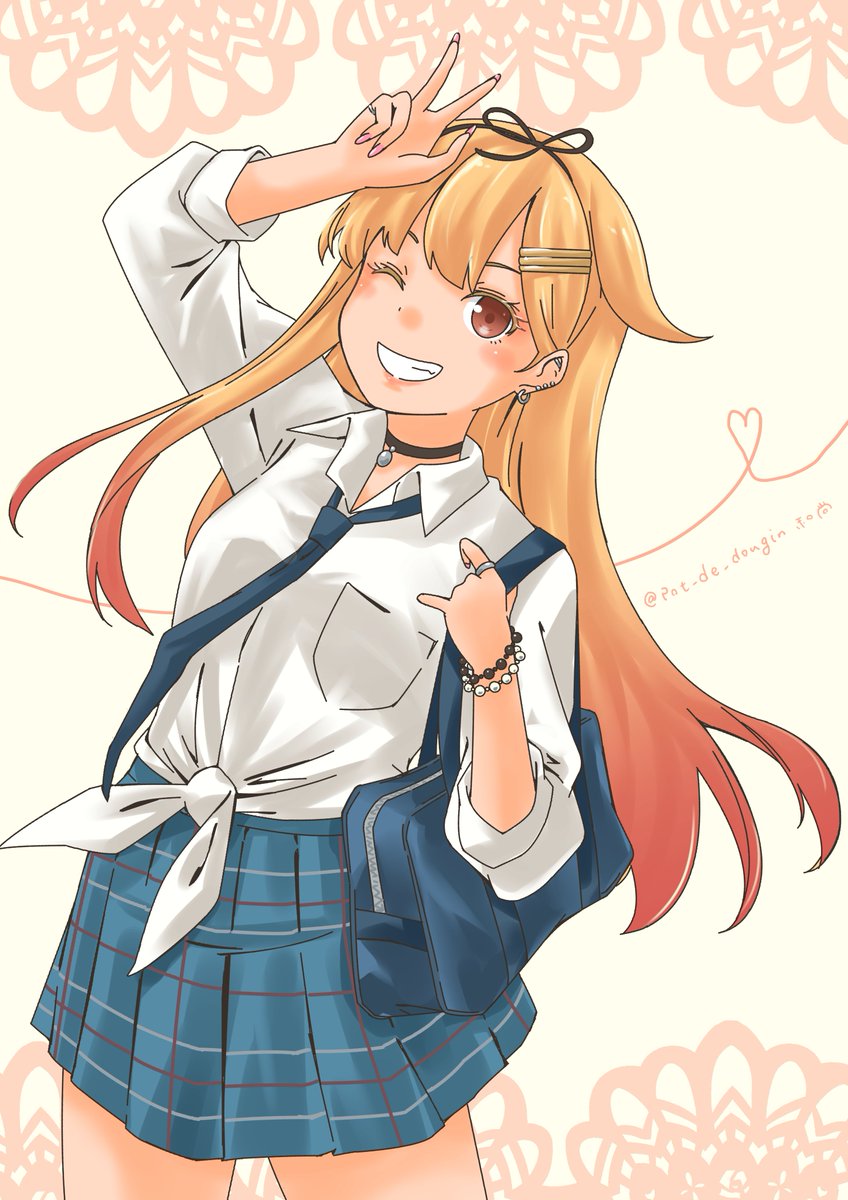 kitagawa marin ,yuudachi (kancolle) ,yuudachi kai ni (kancolle) 1girl blonde hair solo long hair one eye closed school uniform skirt  illustration images