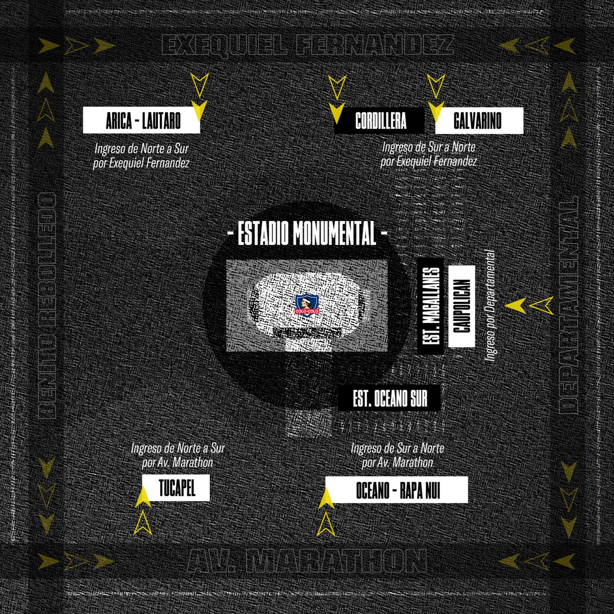 ColoColo's tweet photo. ⚠️ ¡ATENCIÓN! 

Aquí te dejamos la guía informativa con todo lo que necesitas saber si vienes al Estadio Monumental. 

Se realizarán controles de ingreso al exterior del recinto, por lo que te recomendamos llegar con tiempo a la Ruca.

¡Nos vemos hoy! 🤍🖤 https://t.co/NX8WAl4Ky9