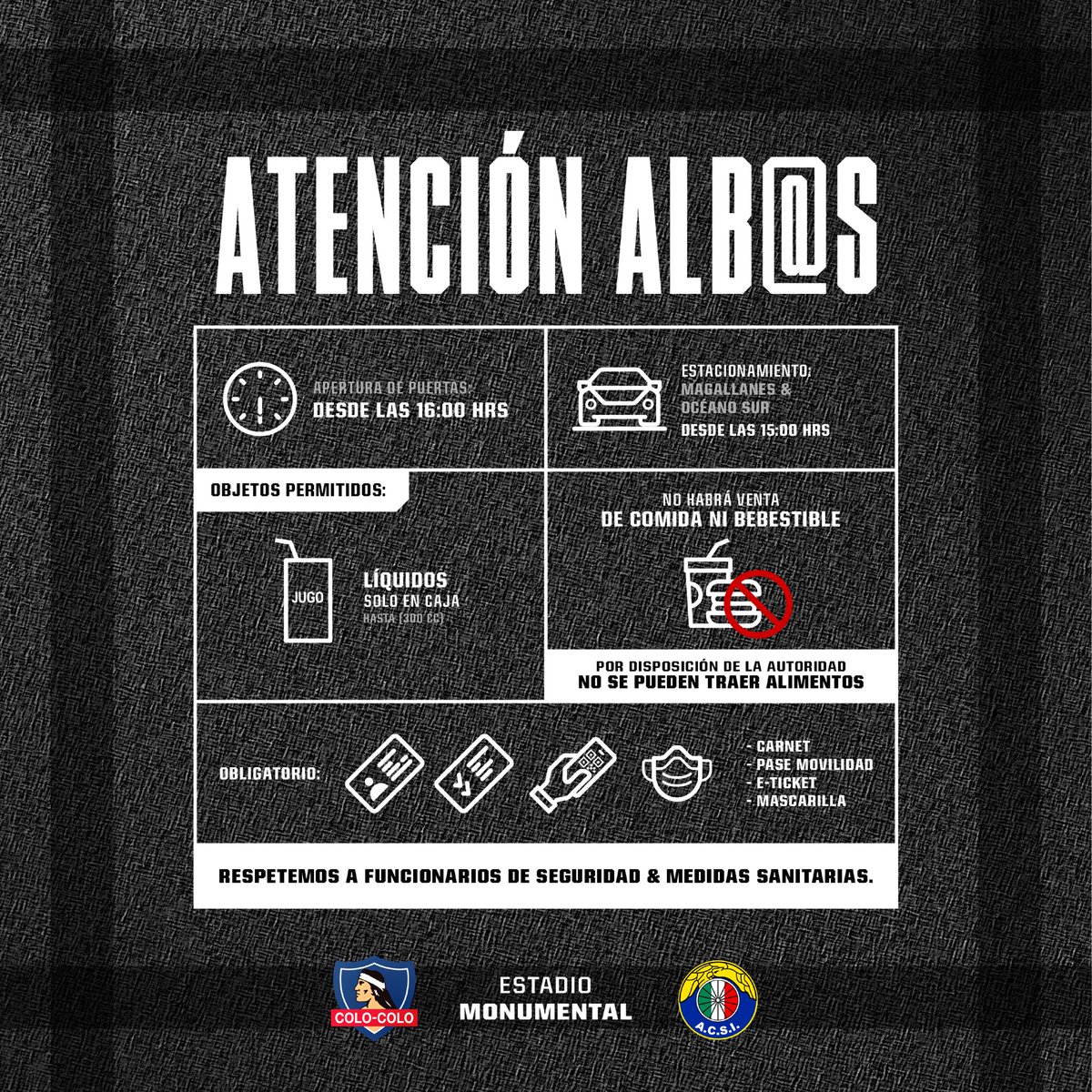 ColoColo's tweet photo. ⚠️ ¡ATENCIÓN! 

Aquí te dejamos la guía informativa con todo lo que necesitas saber si vienes al Estadio Monumental. 

Se realizarán controles de ingreso al exterior del recinto, por lo que te recomendamos llegar con tiempo a la Ruca.

¡Nos vemos hoy! 🤍🖤 https://t.co/NX8WAl4Ky9