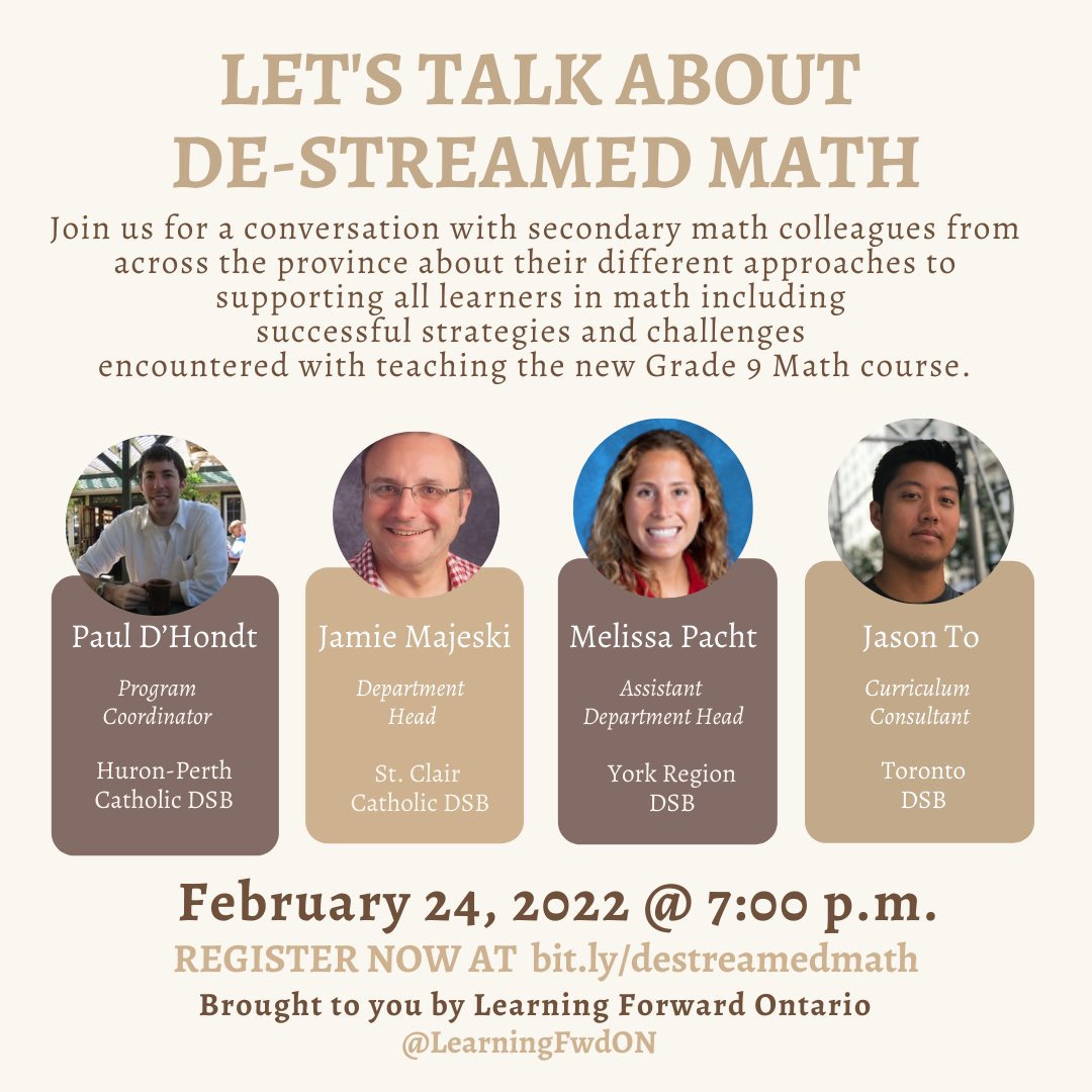 Janani Pathy (@jananipathy) on Twitter photo Are you curious about de-streamed programming? Join us on February 24 at 7:00 pm for a conversation about de-streamed math with <a href="/pauldhondt/">Paul D'Hondt</a>, <a href="/PachtMelissa/">Ms. Pacht</a>, <a href="/Jason_To/">Jason To is chillin’ on BlueSky (@mrjasonto.com)</a>, Jamie Majeski & @LearningFwdON. Register at bit.ly/destreamedmath Are you curious about de-streamed programming? Join us on February 24 at 7:00 pm for a conversation about de-streamed math with <a href="/pauldhondt/">Paul D'Hondt</a>, <a href="/PachtMelissa/">Ms. Pacht</a>, <a href="/Jason_To/">Jason To is chillin’ on BlueSky (@mrjasonto.com)</a>, Jamie Majeski & @LearningFwdON. Register at bit.ly/destreamedmath