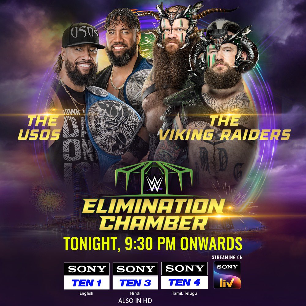 What do we get when we have 1⃣RING, 2⃣TEAMS and 4⃣FIGHTERS? - An unmissable mayhem! Watch the fight for the Tag Team title. 🥊WWE ELIMINATION CHAMBER ⏱️TONIGHT, 9:30 PM onwards 📺SONY TEN 1, 3 & 4 @WWEIndia @WWE #WWE #SirfSonyPeDikhega #WWEChamber