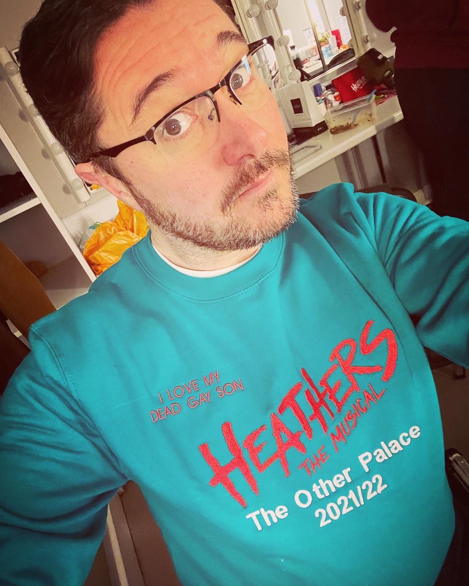 Kierbro's tweet photo. My name is Kieran and I love my dead gay son…! Oh, and my new teal blue merchandise to remember my (soon to be over) time at #WesterbergHigh with..! #heathers #heathersmusical https://t.co/JMNTEr45TN