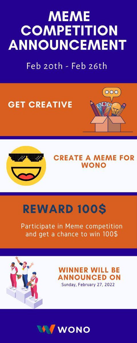 wonoworld's tweet image. Super excited to launch our Meme Competition 😍🥳

Get creative🎩🎨 and Create a meme for WONO and stand a chance to win $100🤑.

It starts TOMORROW.
To participate, send your meme to our Telegram group👇 with #Meme
bit.ly/3gW1FVe
Good luck everyone🤝

#WONO #freelancing