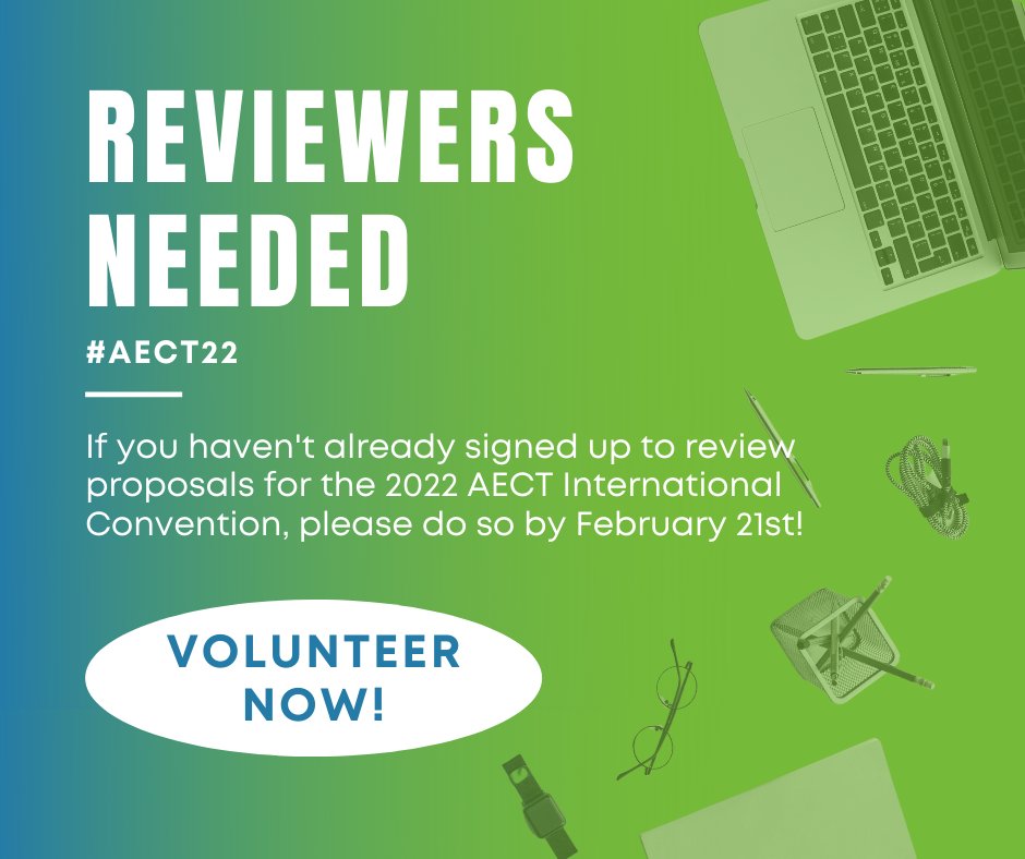 rebecapeacock's tweet photo. If you haven't already signed up to review proposals for the 2022 #AECT International Convention, please do so by February 21st! #AECT22 #ImpactingLearning @dctrcurry @opencontent https://t.co/4cxu74rhA3