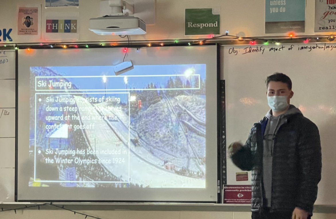 Mr_Marcucio's tweet photo. Students in Sports & Society introduced events from the 2022 Winter Olympic Games. They were asked to present & explain one event they’d like to try & another not so much. #WinterOlympics #greatpresentations https://t.co/zIXfXLdAsM