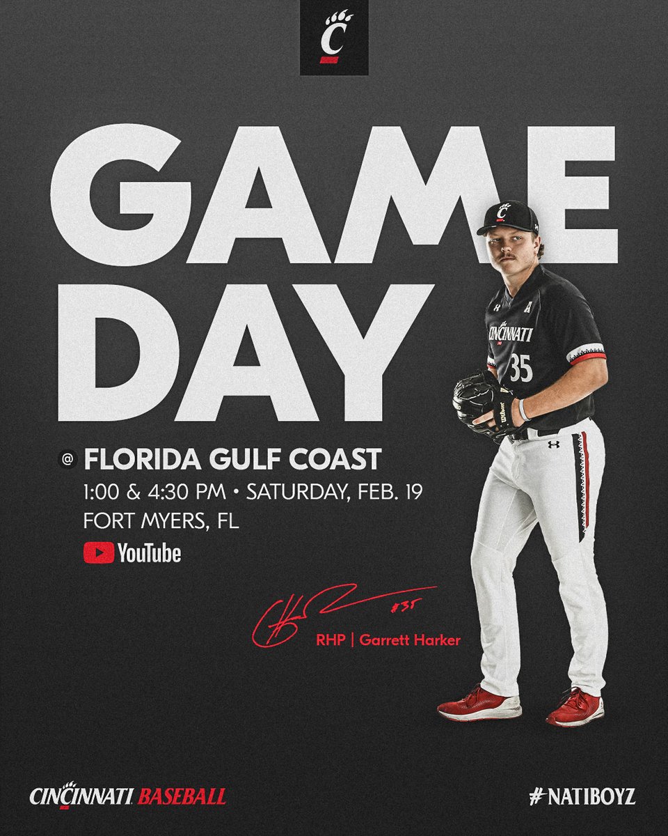 GoBearcatsBASE's tweet photo. Let's play two! ✌️

🆚 @FGCU_Baseball 
📍 Fort Myers, FL
🕡 1:00 &amp; 4:30 PM
📺 YouTube

#Bearcats | #NatiBoyz https://t.co/k1rr4xLZe8