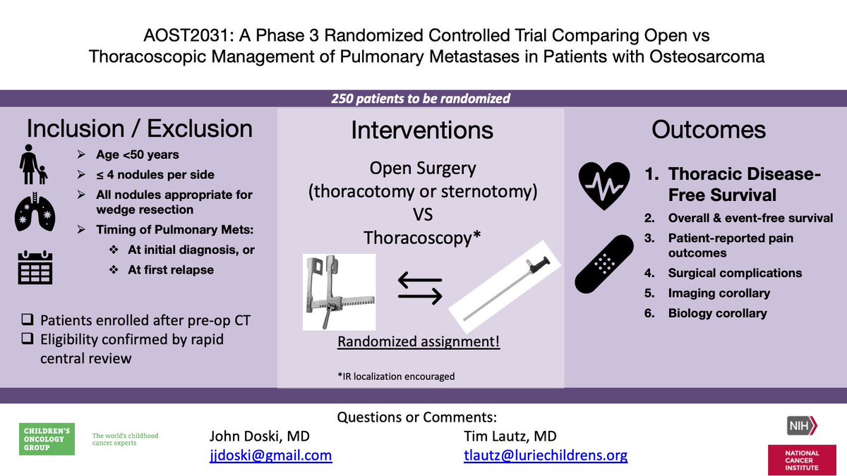 AOST2031, randomized comparison of thoracotomy vs thoracoscopy for pulm metastatic osteosarcoma now enrolling through <a href="/COGorg/">Children’s Oncology Group</a> and NCTN. Please activate at your hospital ASAP and help enroll patients on this important surgical trial. clinicaltrials.gov/ct2/show/NCT05…