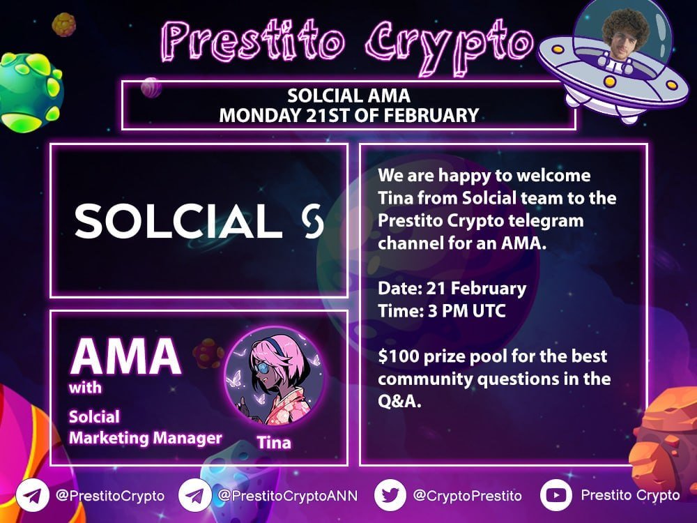 Make sure to tune in to our #AMA with @solcialofficial on the 21st of February at 3pm UTC!

Location: t.me/prestitocrypto

Prize: $100 for the best questions

Submit Questions here: forms.gle/rc8fidLFHnknPm…