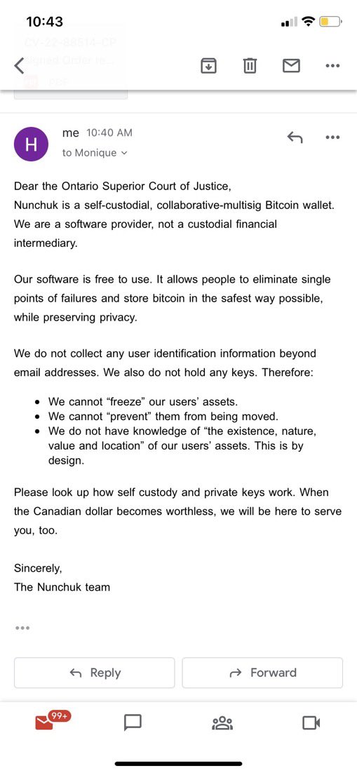 The Ontario Superior Court of Justice asked self-custody wallet provider @nunchuk_io to disclose user information and freeze user’s bitcoin. This was the team’s response.