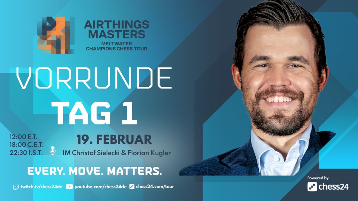 Florian Kugler (@chess_flo93) on Twitter photo In weniger als 3h beginnt das #AirthingsMasters
und somit die neue Saison der Meltwater Champions Chess Tour.🥳Freue mich drauf heute das Geschehen mit <a href="/ChessExplained/">Christof Sielecki</a> zu kommentieren! Das Line-Up verspricht große Unterhaltung.👊 #ChessChamps In weniger als 3h beginnt das #AirthingsMasters
und somit die neue Saison der Meltwater Champions Chess Tour.🥳Freue mich drauf heute das Geschehen mit <a href="/ChessExplained/">Christof Sielecki</a> zu kommentieren! Das Line-Up verspricht große Unterhaltung.👊 #ChessChamps