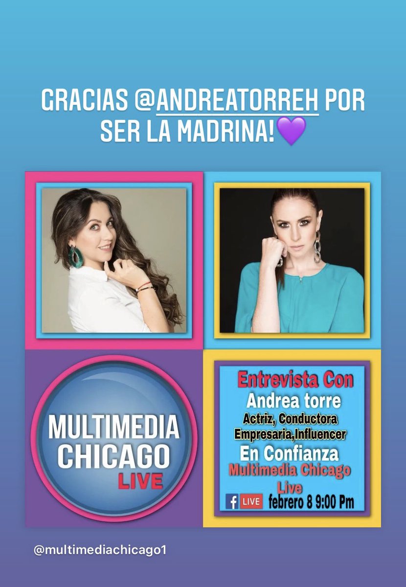 andrea_tello's tweet photo. Mañana empezamos, gracias @andreatorreh por aceptar ser la madrina!! 🙏🏻💜 no se lo pierdan por Facebook Multimedia Chicago😉 https://t.co/N7tS57qIdb