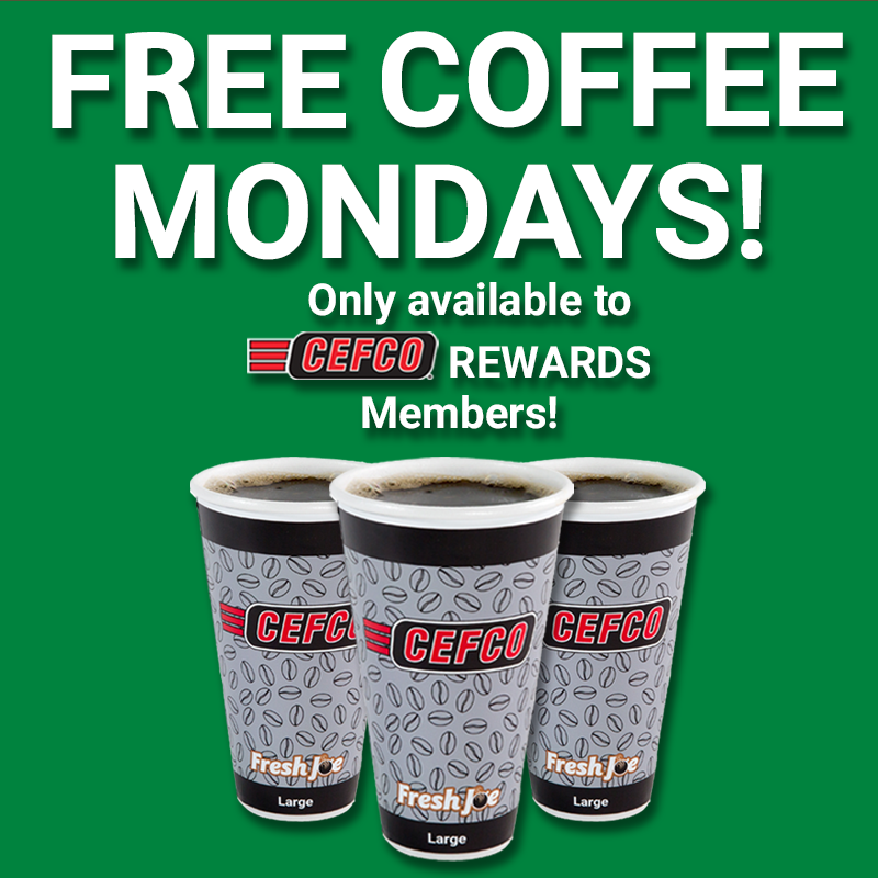 CEFCO's tweet image. Thank God it's Monday!! Said no one ever, unless you're a CEFCO Rewards member.  I mean who doesn't want Free Coffee on Mondays??  Any size!  It's super easy to join. Download our APP, claim Free Coffee Mondays, then enter your phone number at the register.