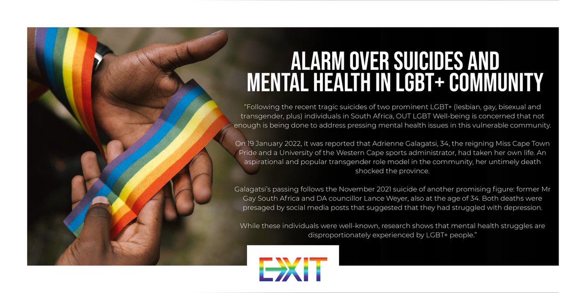 exitnewspaper's tweet photo. ALARM OVER SUICIDES AND MENTAL HEALTH IN LGBT+ COMMUNITY

Read the full story here:
https://t.co/wDeZK4D84Y

@OtherFoundation 

#queer #EXIT #EXITNEWSPAPER  #gay #lgbtg #lgbtqia #pride https://t.co/gwrA8FrBdS