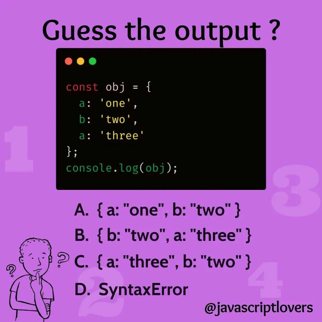 geekslaundry's tweet photo. Guess the output...?
.
.
.
.
.
.
. 
#javascripts #javascriptdevelopers #javascripttutorial #javascriptlearning #javascriptengineer #javascriptlover #learnjavascript #javascript_love #javascriptdev #javascriptframework #javascripting #javascriptcode #java… https://t.co/RCFAGAPQTm https://t.co/by8I06qOka