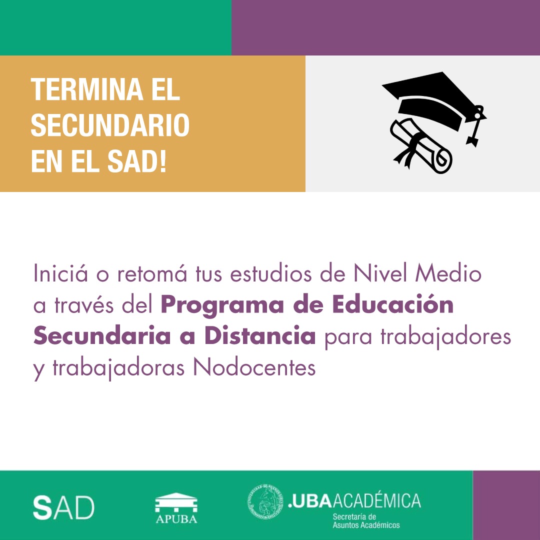 APUBA's tweet photo. 📖 Secundario a Distancia

Retomá o iniciá tus estudios secundarios a través del SAD para los y las trabajadoras #Nodocentes.
🗓Inscripciones virtuales: del 14 al 25 de febrero. https://t.co/CgrXPgbXce