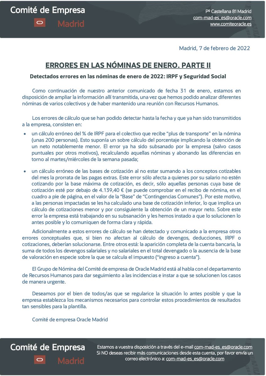 ComiteOracle's tweet photo. COMUNICADO: ERRORES EN LAS NÓMINAS DE ENERO. PARTE II
#ComiteOracle https://t.co/qxVHHModki