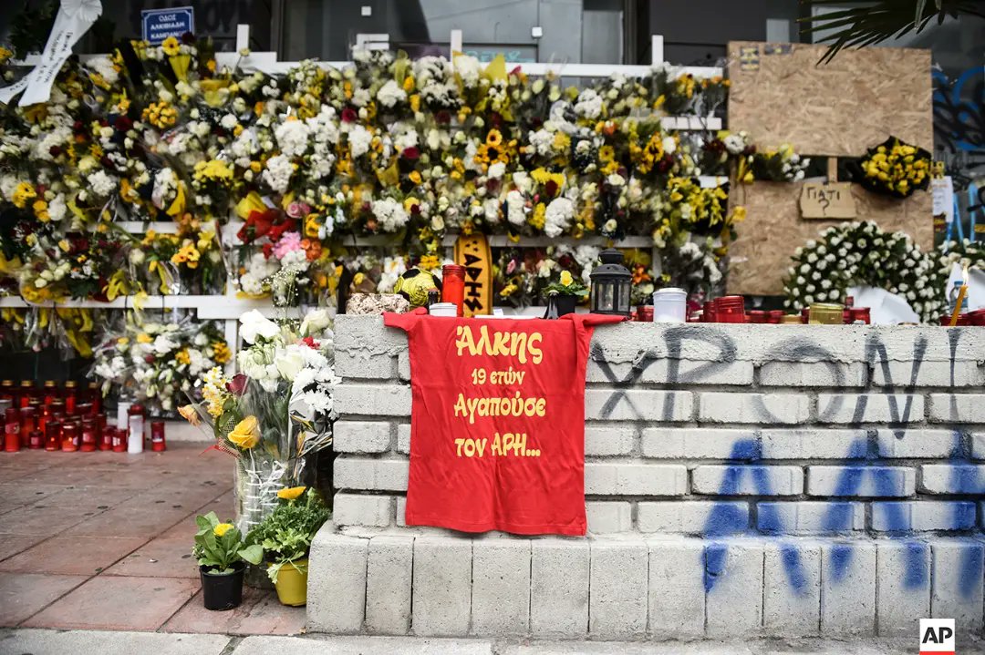 The scene where Aris FC supporter Alkis Kambanos was killed after being stabbed by supporters of rival PAOK, #Thessaloniki, #Greece, Feb. 7, 2022. Authorities in Greece have promised to toughen rules governing soccer supporters' associations.
Photo : <a href="/JohnPapanikos/">Giannis Papanikos</a> / <a href="/AP_Images/">AP Images</a>