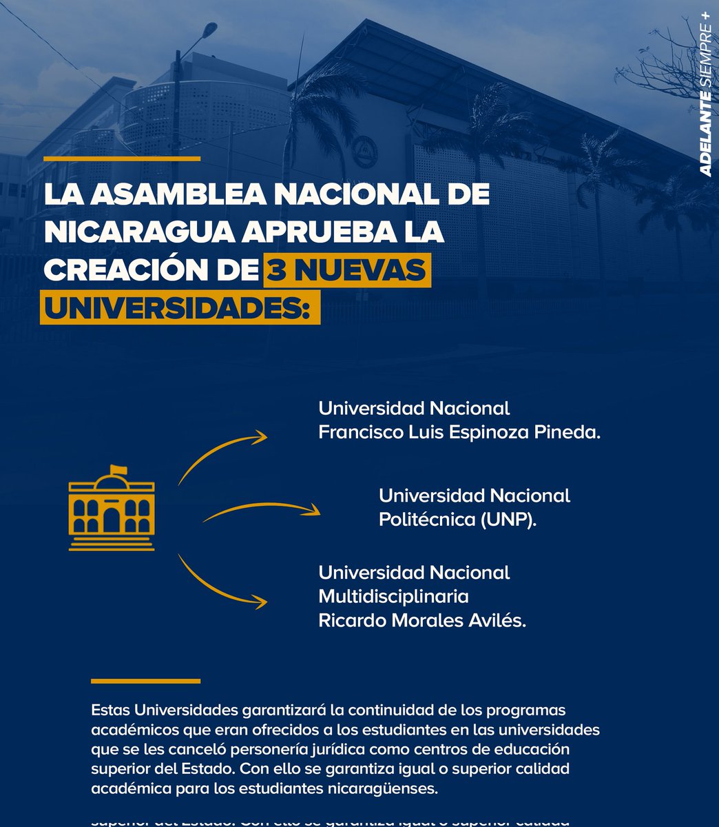 #EsperanzasVictoriosas| <a href="/AsambleaNi/">Asamblea Nacional Nicaragua</a>, aprobaron la Ley Creadora de 3 nuevas universidades: Universidad Nacional Francisco Luis Espinoza Pineda, Universidad Nacional Politécnica y Universidad Nacional Multidisciplinaria Ricardo Morales Avilés ✊🇳🇮👨‍🎓🏫

#7Febrero