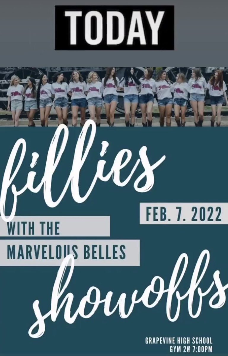 The Belles &amp; Fillies Showoff is today!! See you all there!
7:00pm in GHS Gym 2. 
We also have an AMAZING pre-show with solos, duets &amp; trios beginning at 5:30 #WeAreGCISD <a href="/GCISDFineArts/">GCISD Fine Arts</a>