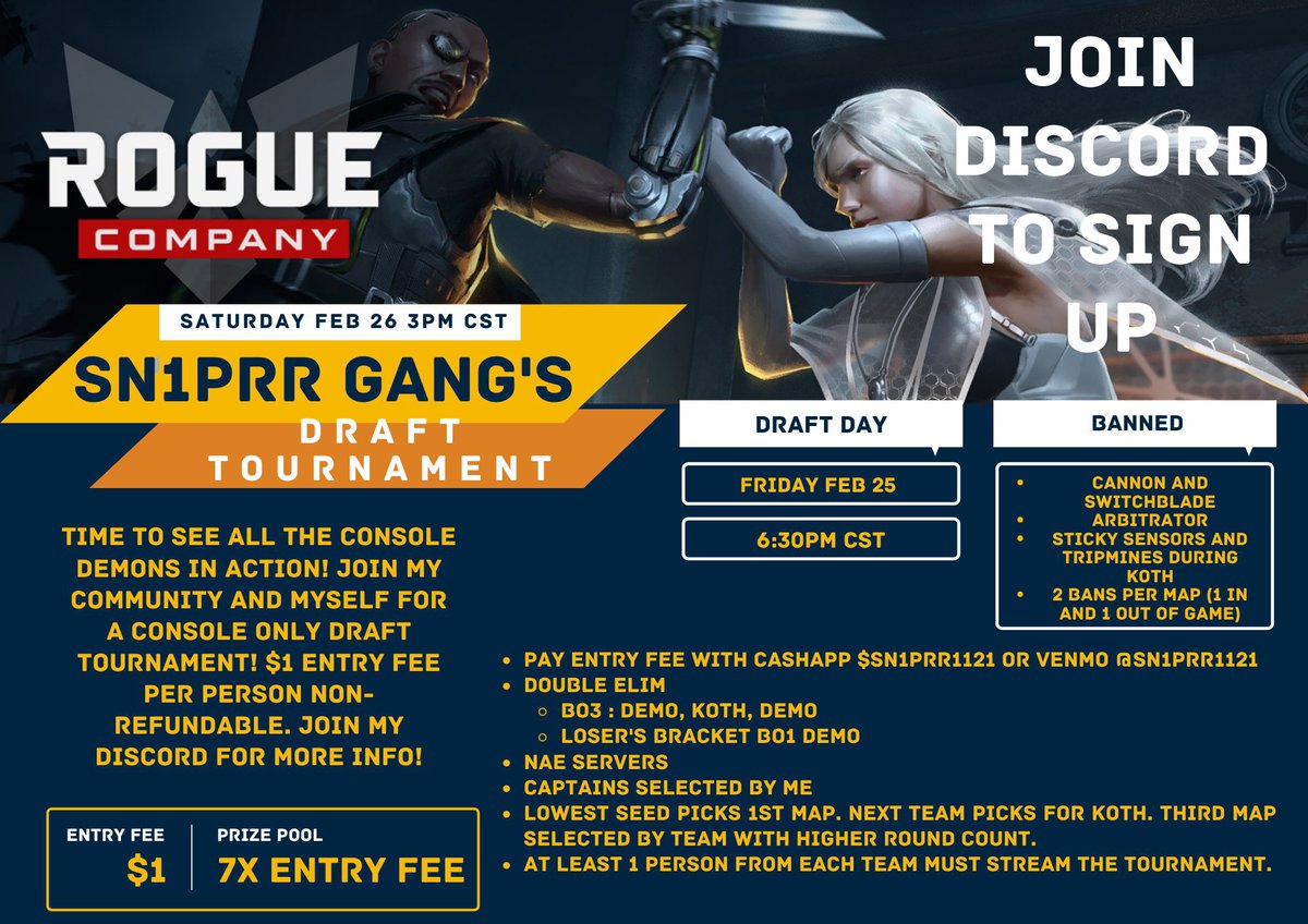 Sn1prr's tweet photo. Changing tourney date to the 26th as most the people I wanted to participate can’t on the 19th. If you have already sent me your $1 and can’t attend reach out to me and I’ll refund you. Signups will stop 3-4 days before the tourney. Please Like and RT to spread the word. https://t.co/fNc6LCt1cJ