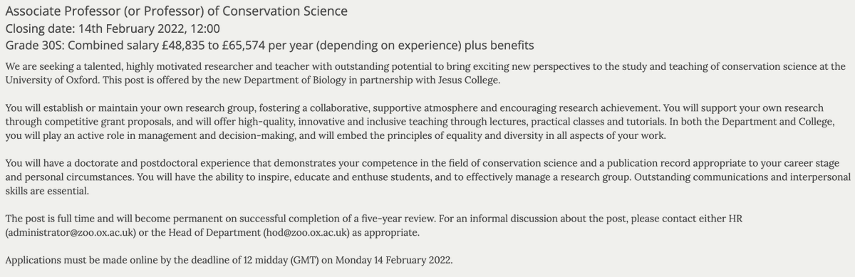 Just 7 days left to apply: Associate Prof or Prof of #Conservation Science <a href="/UniofOxford/">University of Oxford</a>. Please spread the word and feel free to get in touch with questions (I'm the Search Lead - not part of the recruitment panel). my.corehr.com/pls/uoxrecruit…