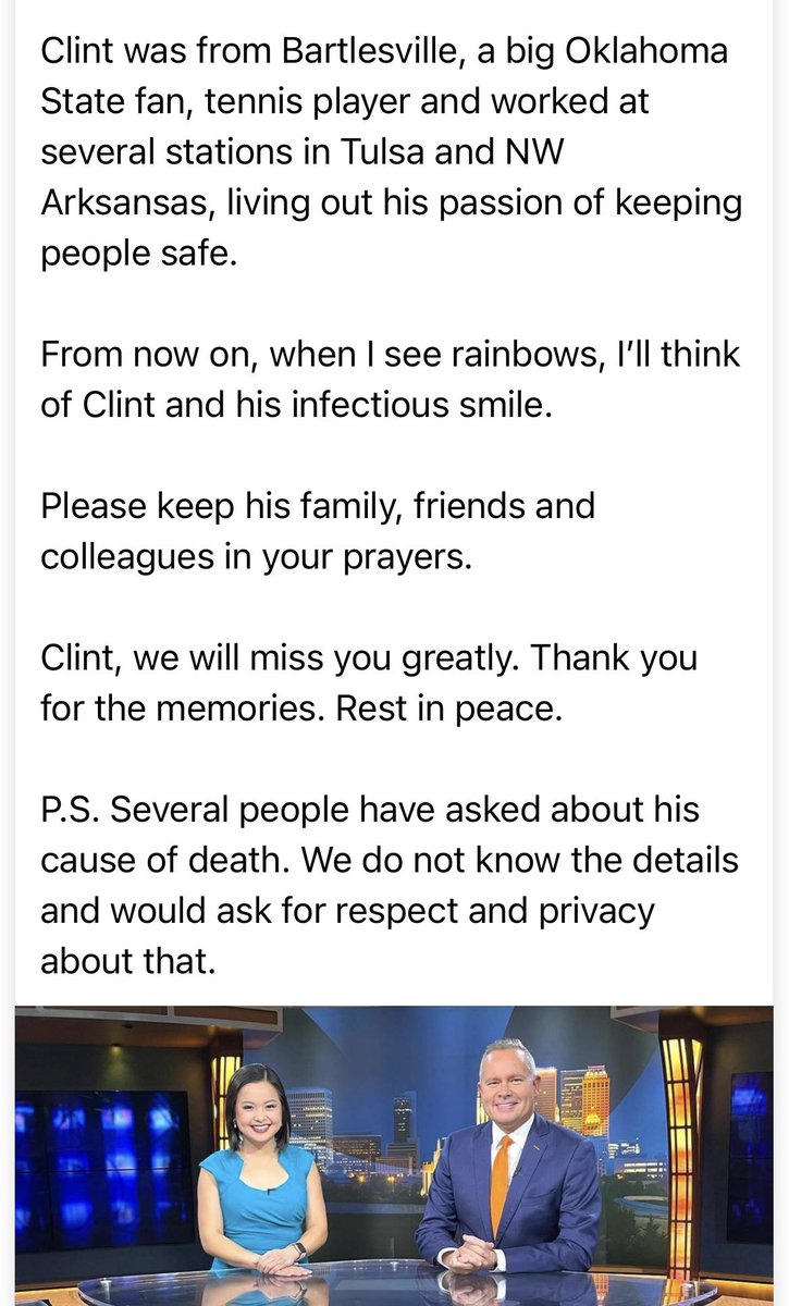 ChinhDoan's tweet photo. Our dear friend Meteorologist @ClintBooneWX passed away unexpectedly Sunday. π
He worked Saturday night on @NewsOn6, and I had just spoken with him a few days before. He had been checking in with me after my dad died.
Prayers for his family, friends & colleagues. #RIPClint https://t.co/ANHj8VnMpB