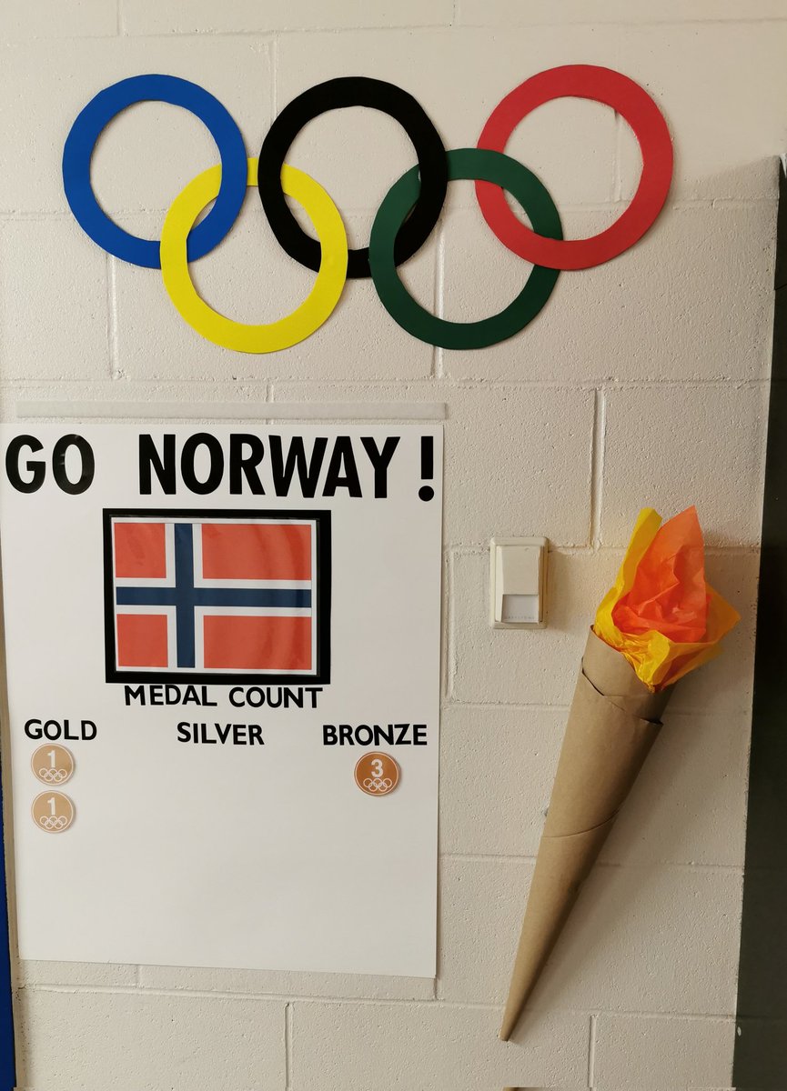 deanneswain's tweet photo. Our Grade 2 class picked Norway for our Olympic Team! So far, we have 2 gold and 1 silver medal! Go, Norway! @StBernardsElem https://t.co/yjnBZTq2qF