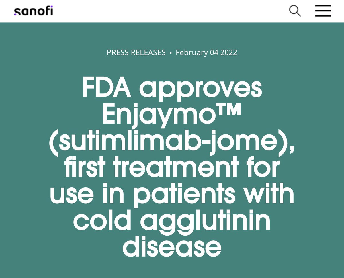 #FDA approves Enjaymo™ (sutimlimab-jome), first treatment for use in patients with cold agglutinin disease. sanofi.com/en/media-room/…