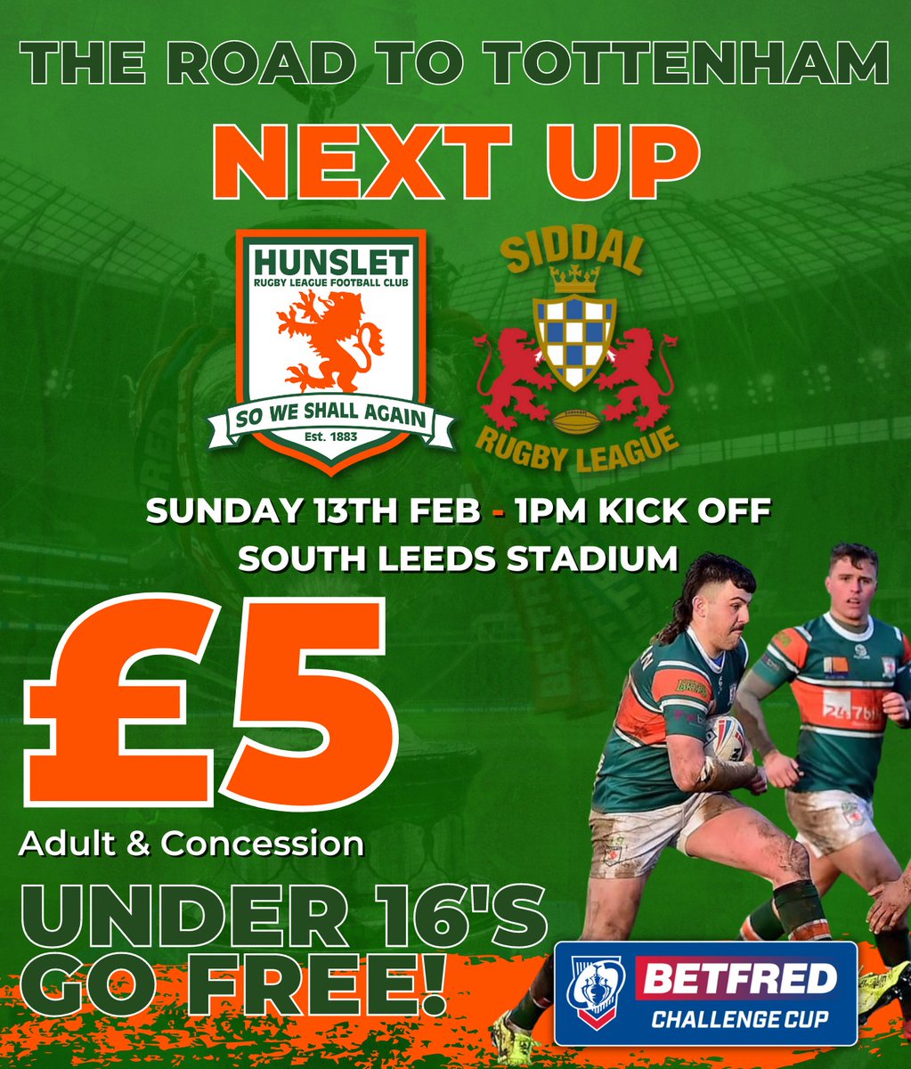 🏆 🎟 The Club is pleased to announce that we have reduced admission prices for this Sunday's Third Round <a href="/TheChallengeCup/">Betfred Challenge Cup</a> tie against <a href="/siddalrl/">SiddalARLFC</a> at South Leeds Stadium. 

It will cost just £5 for an adult or concession ticket, with under 16's being FREE 

hunslet.mysportstickets.co.uk