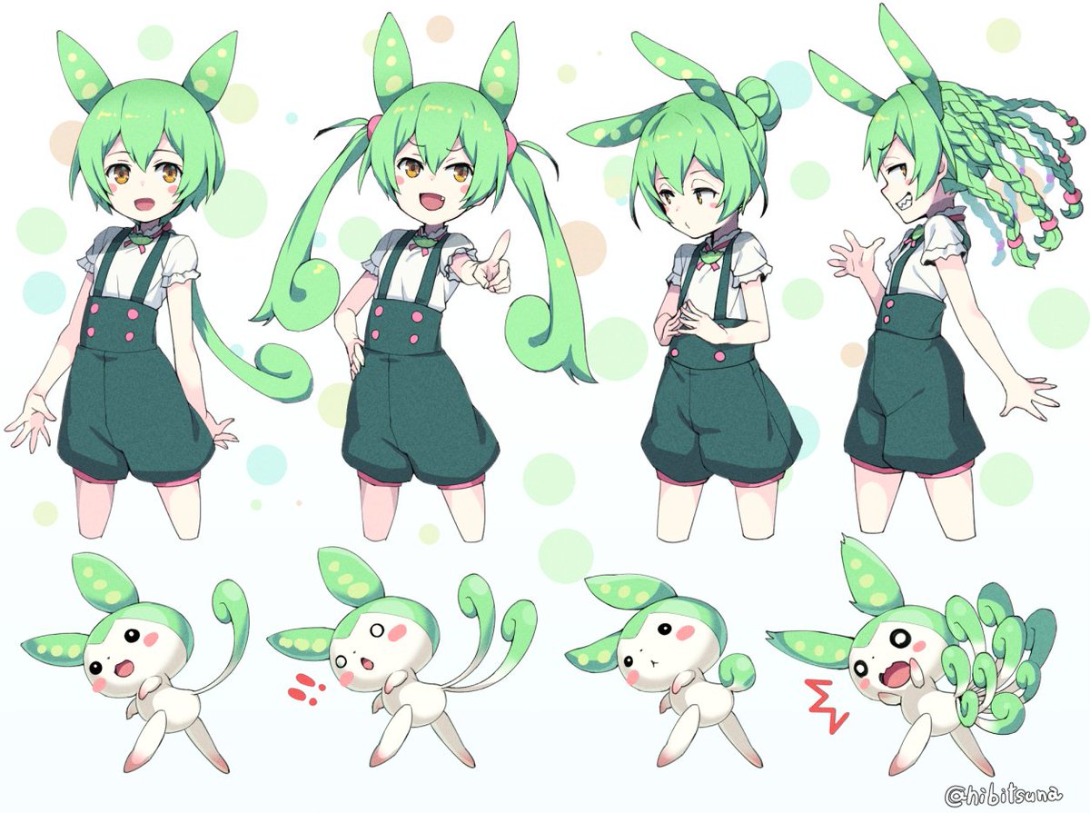 1girl green hair smile suspender shorts short sleeves suspenders open mouth  illustration images