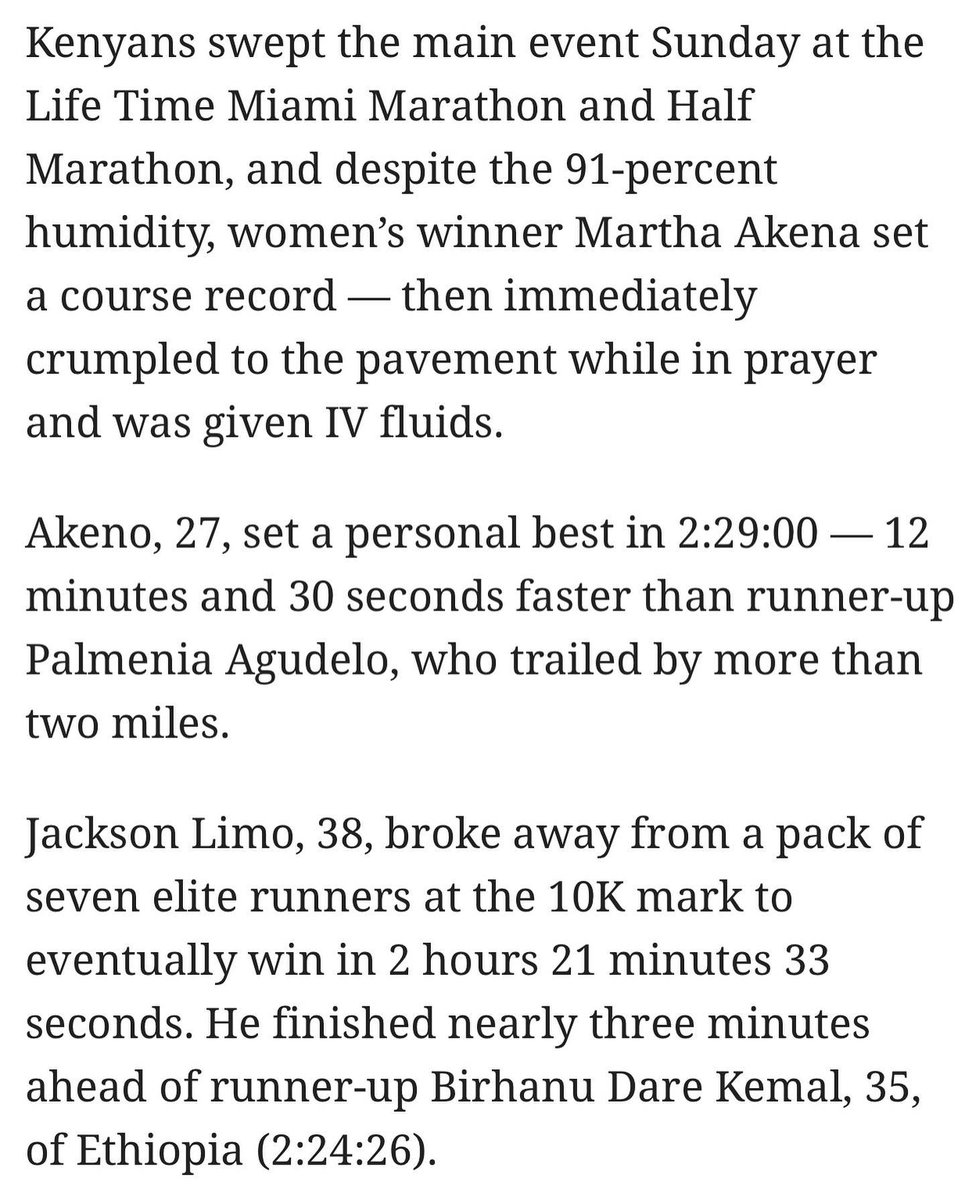 Front page news! 📰 Check out this article in the <a href="/miamiherald/">Miami Herald</a> on our top marathon runners Martha Akeno and Jackson Limo. 🎉 Akeno beat the course record set in 2006 by over 5 minutes yesterday! 💪🏼