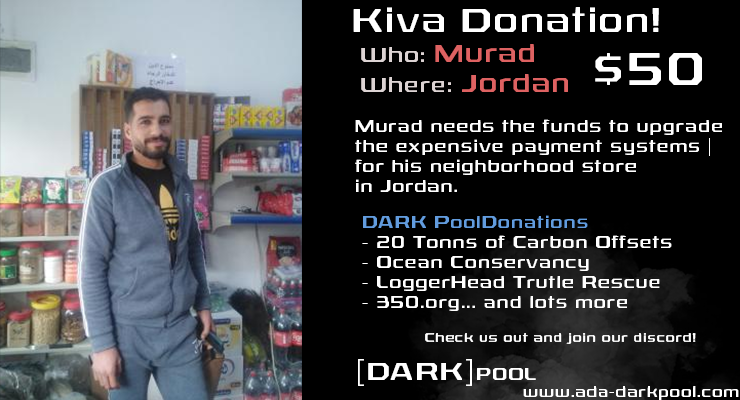 AdaDarkpool's tweet image. I&apos;m so happy to announce another donation by the pool. We might be a small pool, but we are so glad we can give back where we can!

Check out out other Kiva Loans! 

kiva.org/lender/adadark…

#CardanoCommunity @IOHK_Charles @benohanlon