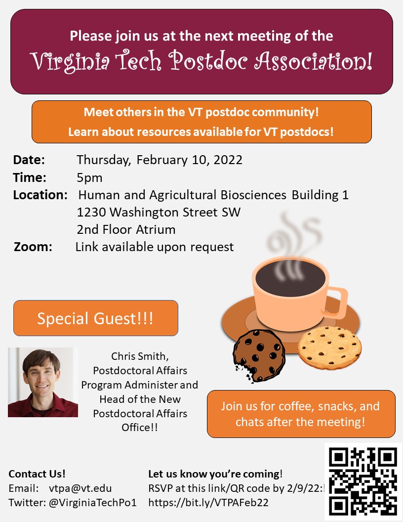 Virginia Tech Postdoctoral Association (@virginiatechpo1) on Twitter photo Please join us this week for a VTPA General Body Meeting to find out more about what the VTPA does. There will be snacks and a chance to chat with our new postdoc administrator, <a href="/DrChrisTSmith/">Chris Smith</a>. Please RSVP before Thursday! <a href="/VTresearch/">Virginia Tech Research</a> <a href="/virginia_tech/">Virginia Tech</a> Please join us this week for a VTPA General Body Meeting to find out more about what the VTPA does. There will be snacks and a chance to chat with our new postdoc administrator, <a href="/DrChrisTSmith/">Chris Smith</a>. Please RSVP before Thursday! <a href="/VTresearch/">Virginia Tech Research</a> <a href="/virginia_tech/">Virginia Tech</a>