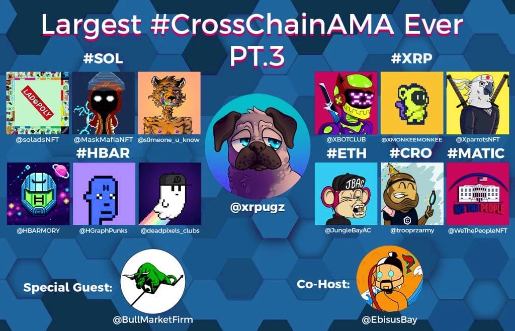 DopeSayles's tweet photo. At 4pm central, I will be speaking In a Huge #CrossChainAMA with our partners 

@XRPugz 
 
@OnlyDice888 
 and 
@EbisusBay 
. 

We will be doing a give away with a V1  and a V2 @soladsNFT https://t.co/Goxdi62pkx