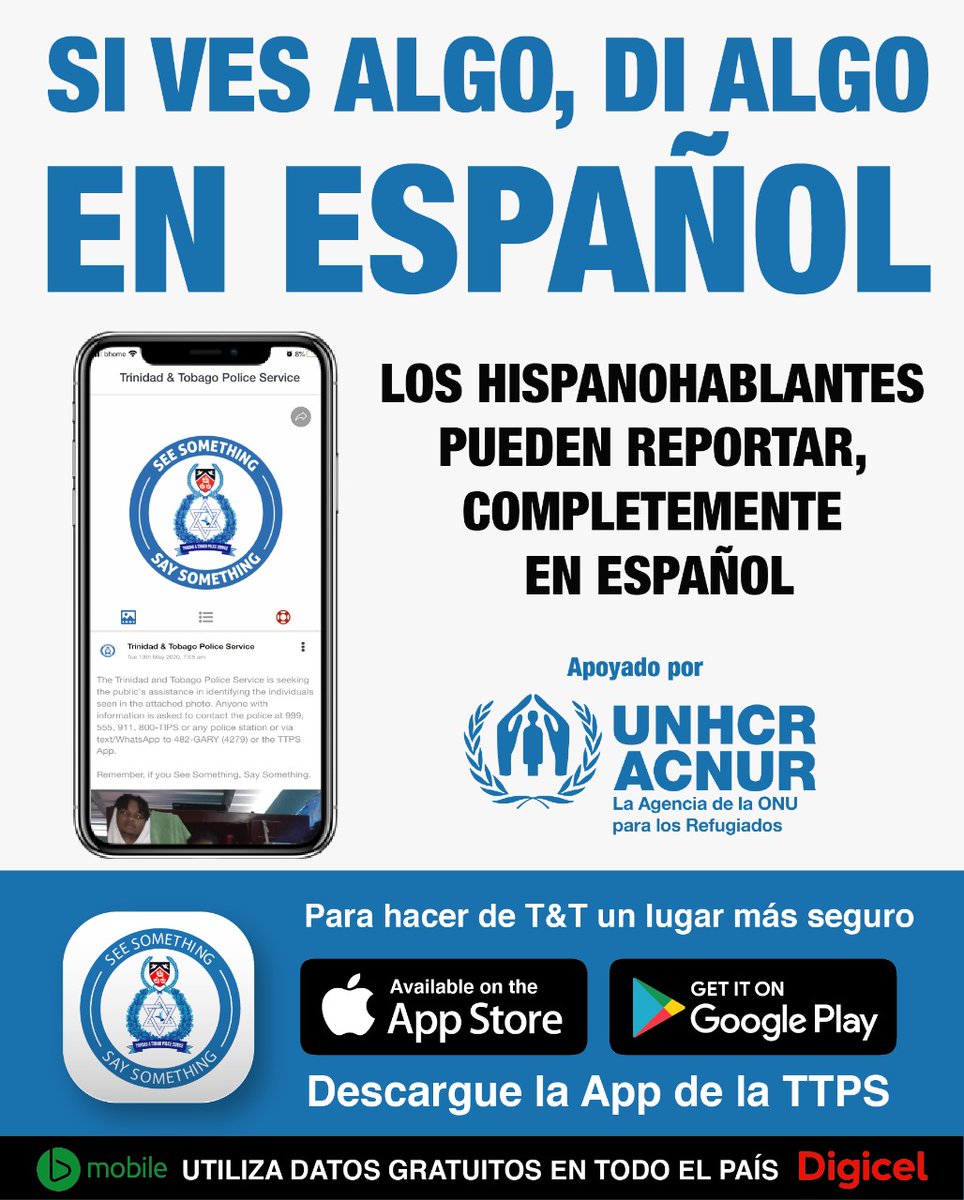 TTPoliceService's tweet photo. Los hispanohablantes pueden denunciar los delitos íntegramente en Español en la App TTPS y nuestros agentes le responderán en Español.
Ver Algo, Decir Algo!
#SeeSomethingSaySomething #TTPSApp #myTTPS https://t.co/KBUufuf3mI
