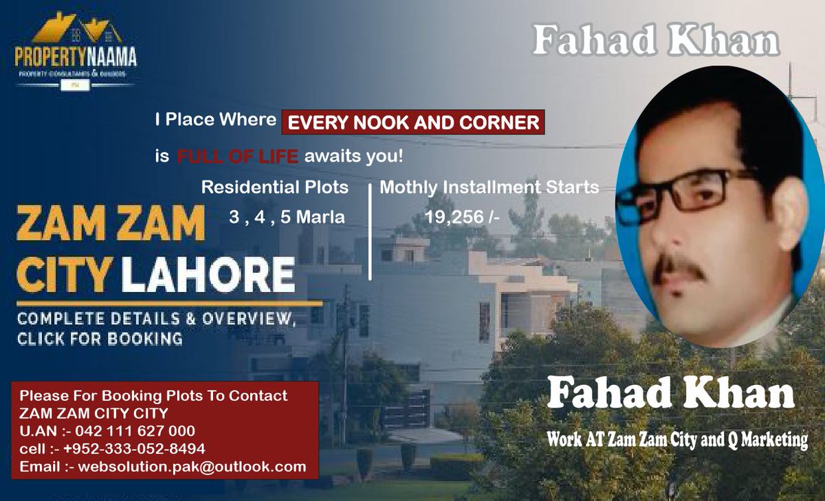 WebSolution_00's tweet image. ZAM ZAM CITY Q MARKETING 3 , 4, 5 Marla 19,256 /- Monthly Installment Starts From ,.  For Booking Plots Please Contact +92-333-052-8494 and Email :- websolution.pak@outlook.com #ZAM #ZAM #CITY #ZAMZAMCITY #CITY #QMARKETING #MARLA #INSTALLEMENT #MARKETUING #marketing #email