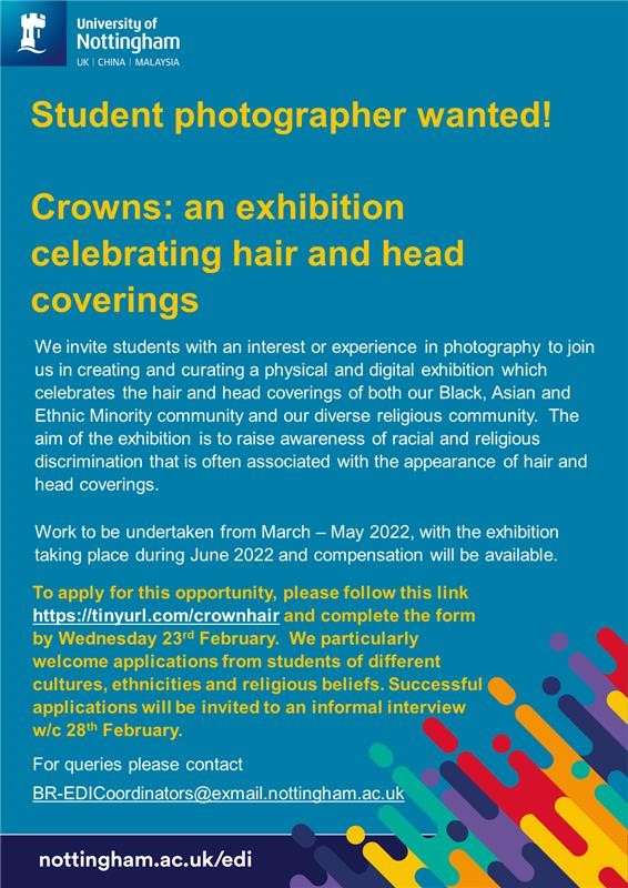 Our EDI Coordinators are curating an exhibition celebrating hair and head coverings. 
Student photographer's wanted, info below and tinyurl.com/crownhair closing date Weds 23 Feb