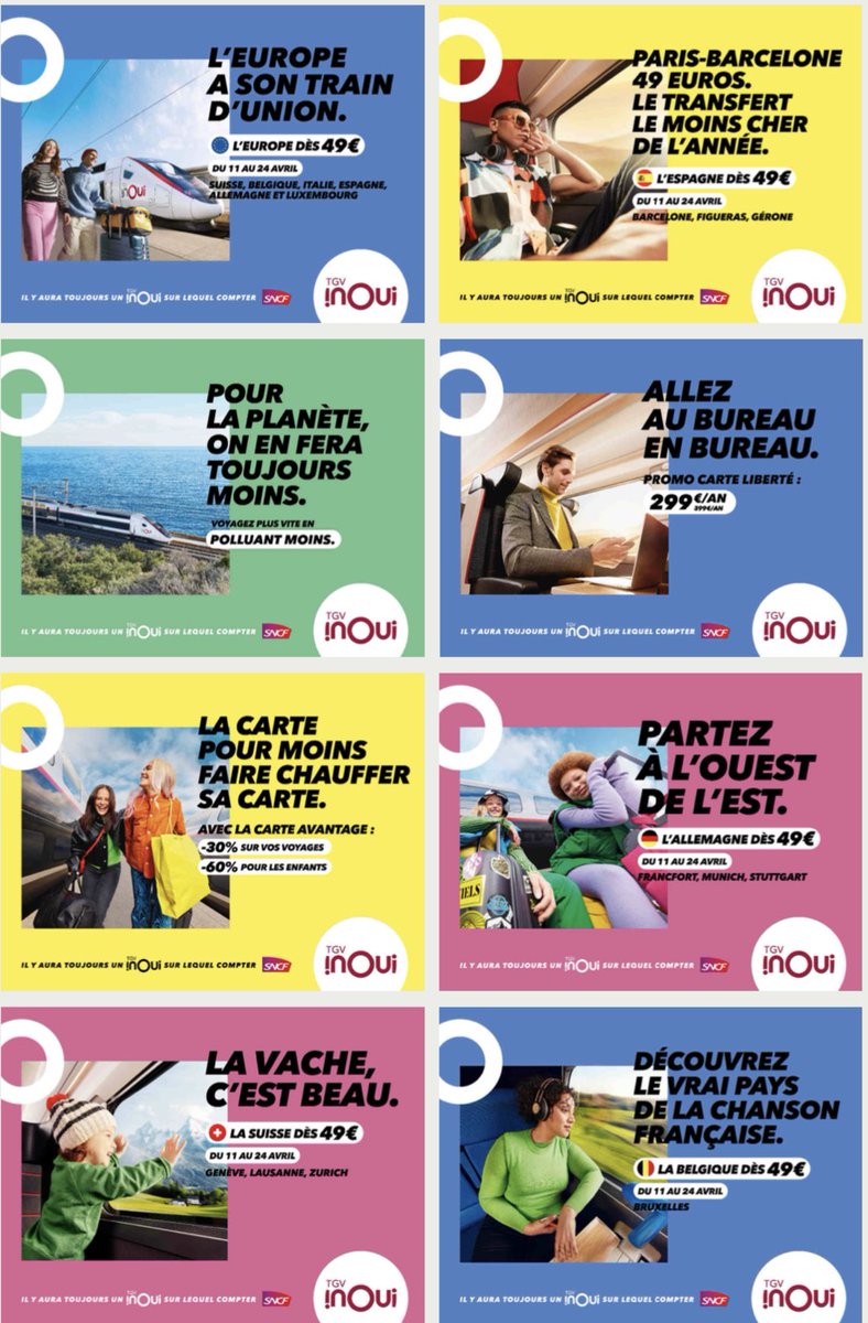 1ère journée de déploiement de notre nouvelle communication,enfin!🙂
Des accroches au ton décalé,valo des prix capés ie carte Avantage, casting 👌🏻, l’univers #TGV &amp; bien sûr, le rappel de notre attachement à la 🌍. 
(+ en avant-première,qq visuels #Europe qui sortiront en avril)