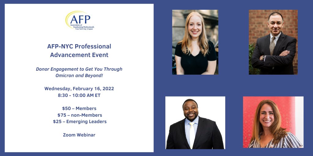 NYCAFP's tweet photo. Join us on 2/16 for "Donor Engagement to Get You Through Omicron and Beyond!", moderated by Kathryn Van Sickle Director of Major Gifts and Strategic Engagement @ChapinSchoolNYC. RSVP https://t.co/Mi58XNKWqz #ProfessionalAdvancement https://t.co/2jQUceG59T