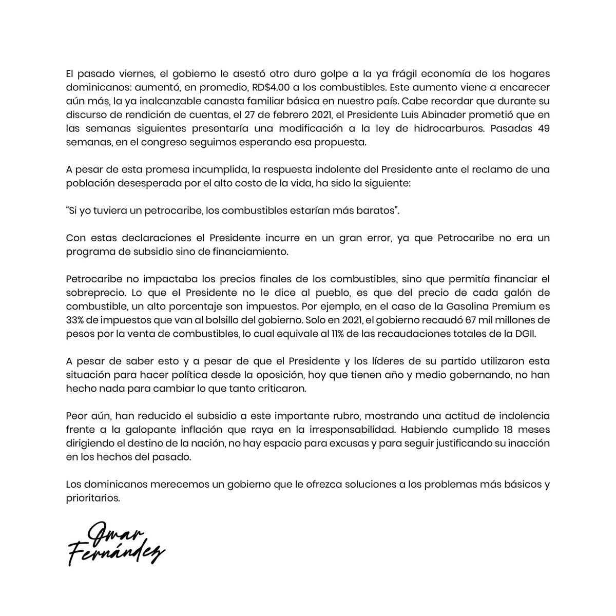 A un año y medio de gobierno, seguimos escuchando excusas, pero no vemos planes concretos y acciones destinadas a darle la mano a la gente.

Nuestro país merece un gobierno que se conduela con la difícil situación de la inflación. Ya no más excusas.