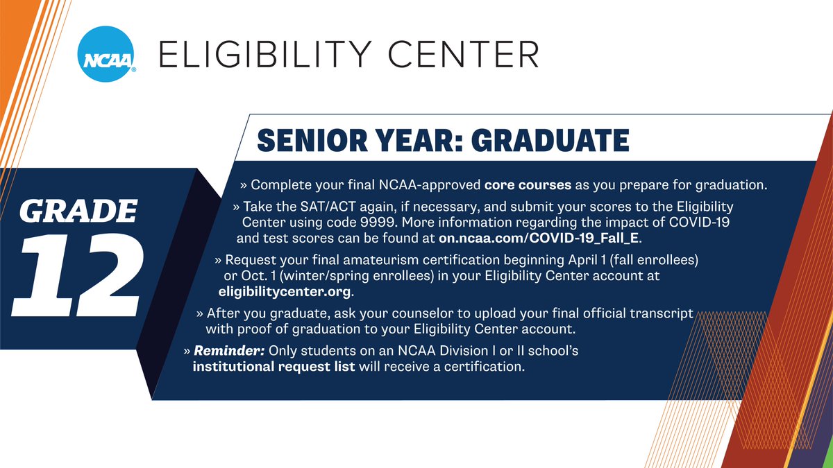 NCAA Eligibility Center (@ncaaec) on Twitter photo High school seniors—make sure you are completing your final <a href="/ncaaec/">NCAA Eligibility Center</a>-approved core courses as you prepare for graduation. Make sure you're ready!
➡️ on.ncaa.com/HSTimeline High school seniors—make sure you are completing your final <a href="/ncaaec/">NCAA Eligibility Center</a>-approved core courses as you prepare for graduation. Make sure you're ready!
➡️ on.ncaa.com/HSTimeline