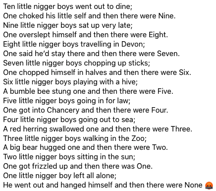 AfricanArchives's tweet photo. One of the several nursery books series taught to white children to count in the late 1800s and the early 1900s. 

Depicted in the book are caricatures of Black boys who are eliminated by a series of events, counting down to the last one. https://t.co/MMLPp7vT3Q